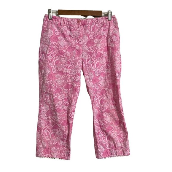 Lilly Pulitzer Womens Pink Seashell Crochet Trim Cropped Straight Leg Pants Sz 6 - Picture 1 of 9